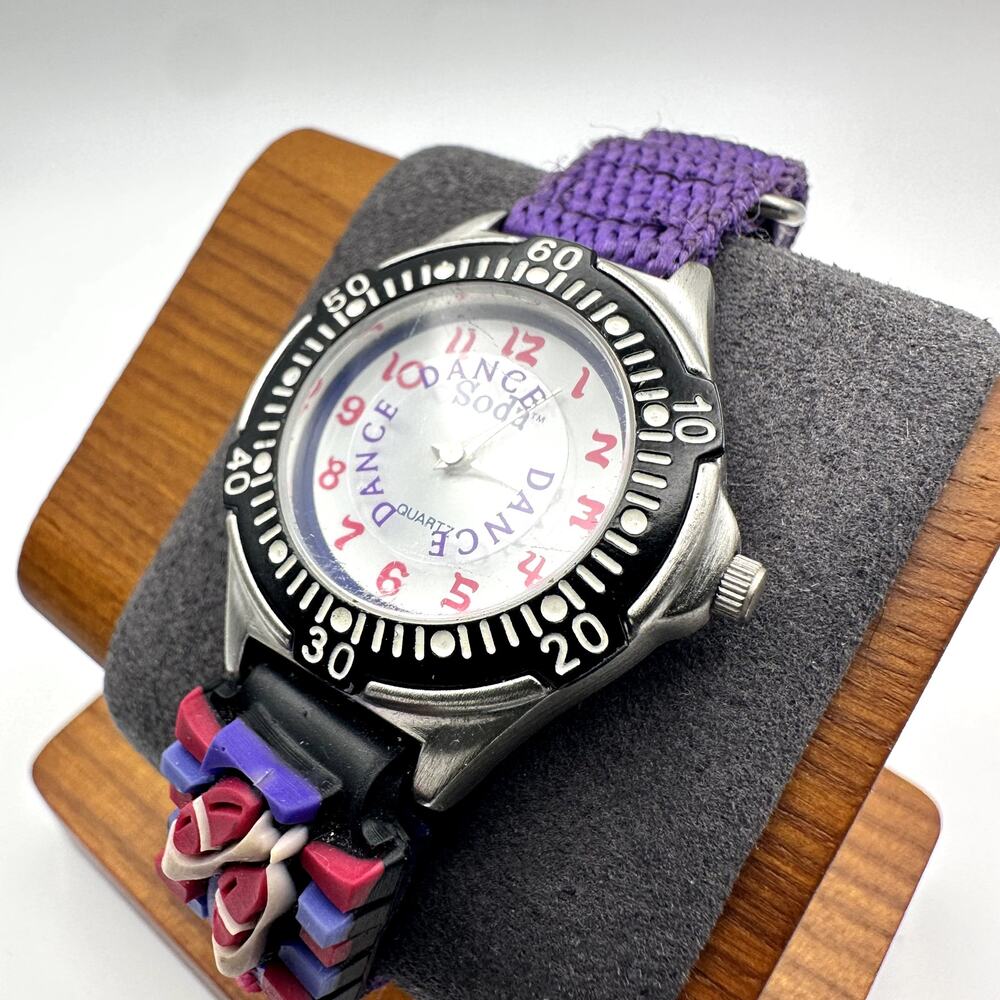 Vintage Soda Dance Quartz Watch Purple Ballet-Themed Nylon Strap Black Bezel